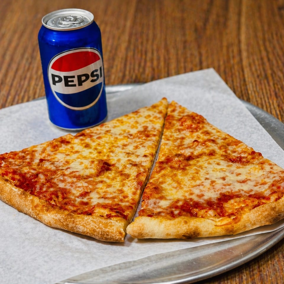 Two slices of cheese pizza and a Pepsi can on a metal tray with parchment paper.