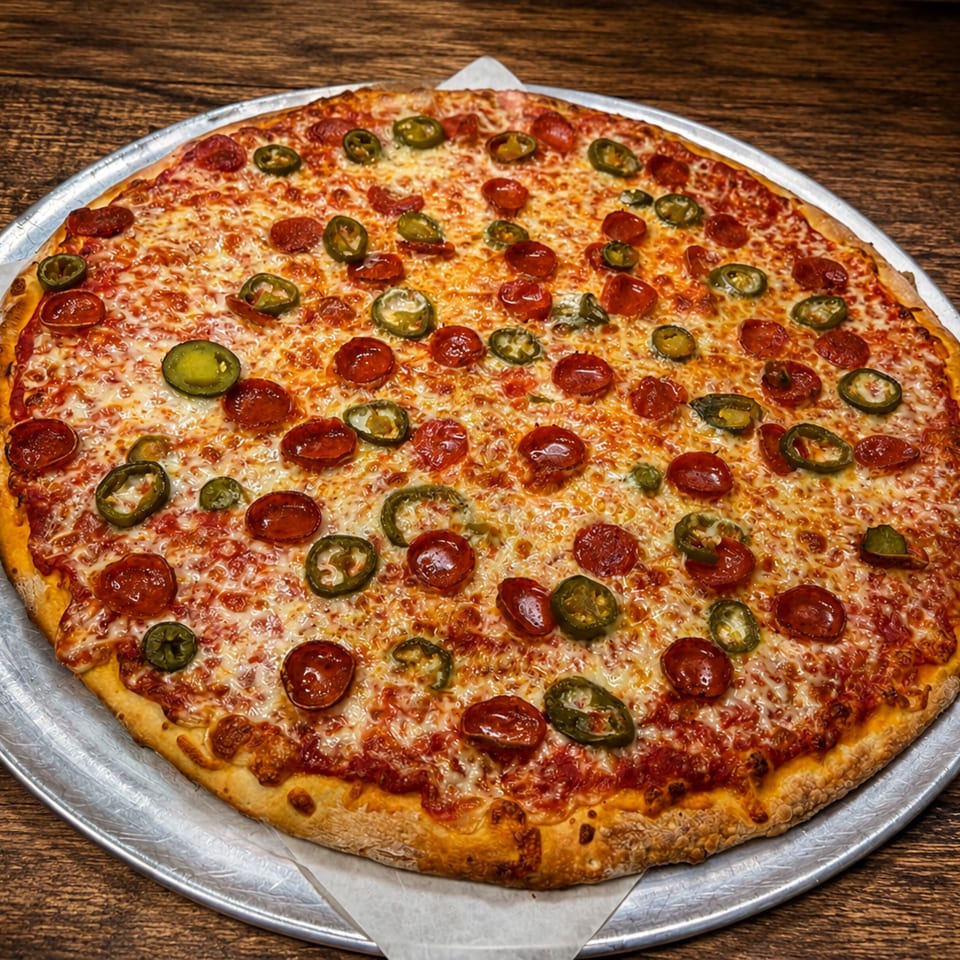 Whole pepperoni and jalapeño pizza on a metal tray, resting on a rustic wooden table.
