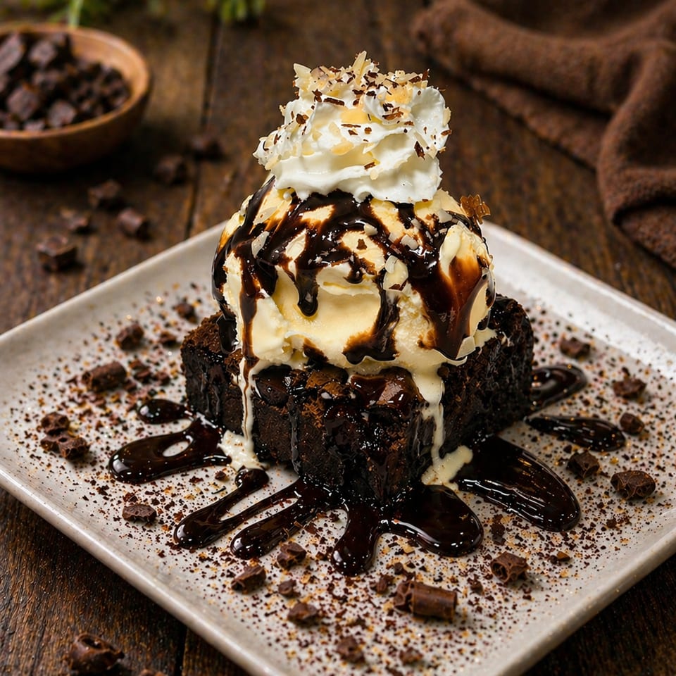 Decadent brownie dessert topped with vanilla ice cream, chocolate syrup, whipped cream, and sprinkles.
