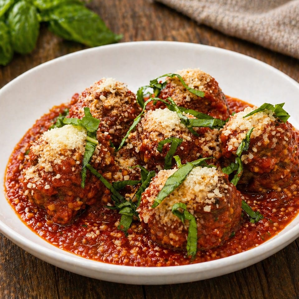 Five meatballs in rich red sauce, topped with grated cheese and fresh basil, in a white bowl.