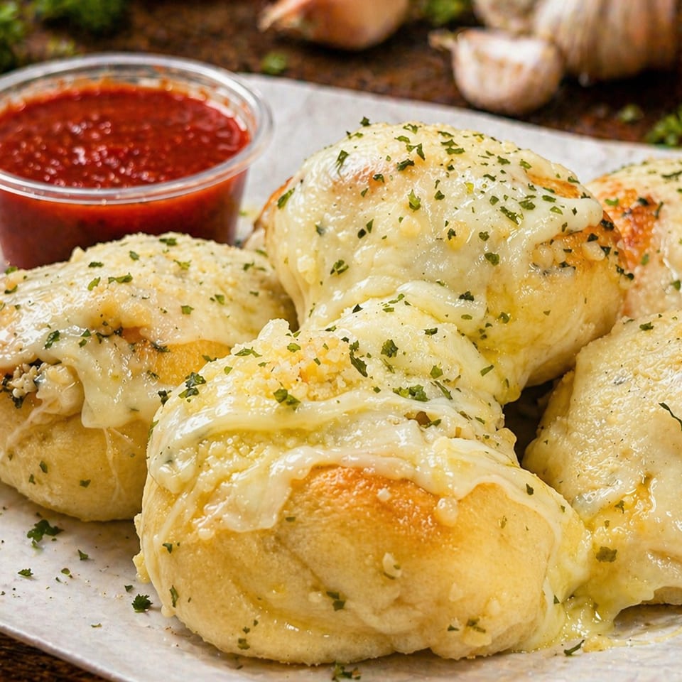 Cheesy garlic knots with melted mozzarella and parmesan, served with a side of marinara sauce.