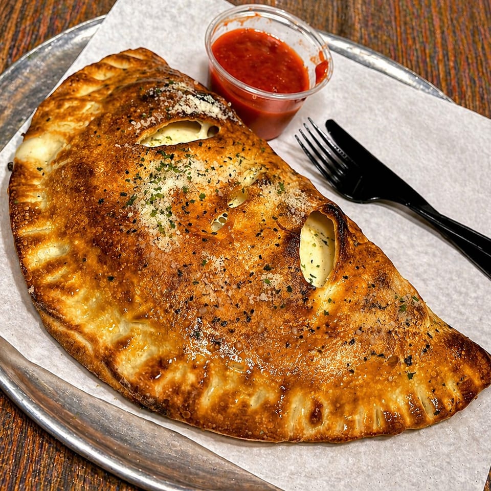 Golden-brown calzone with melted cheese, served with a side of marinara sauce and black cutlery.